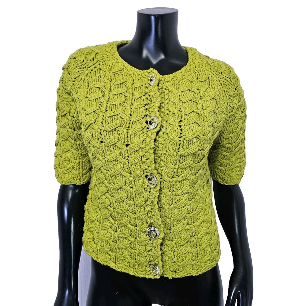 Chaus S Lime Green Chunky Basketweave Knit Cardigan Sweater Retro Mod Statement